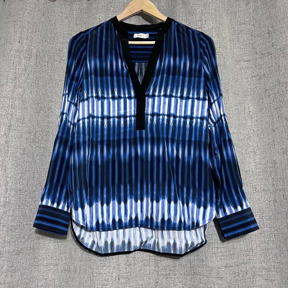 Vince Top Women 4 Blue Career Roll Tab Round Hem Tie Dye 100% Silk Popover